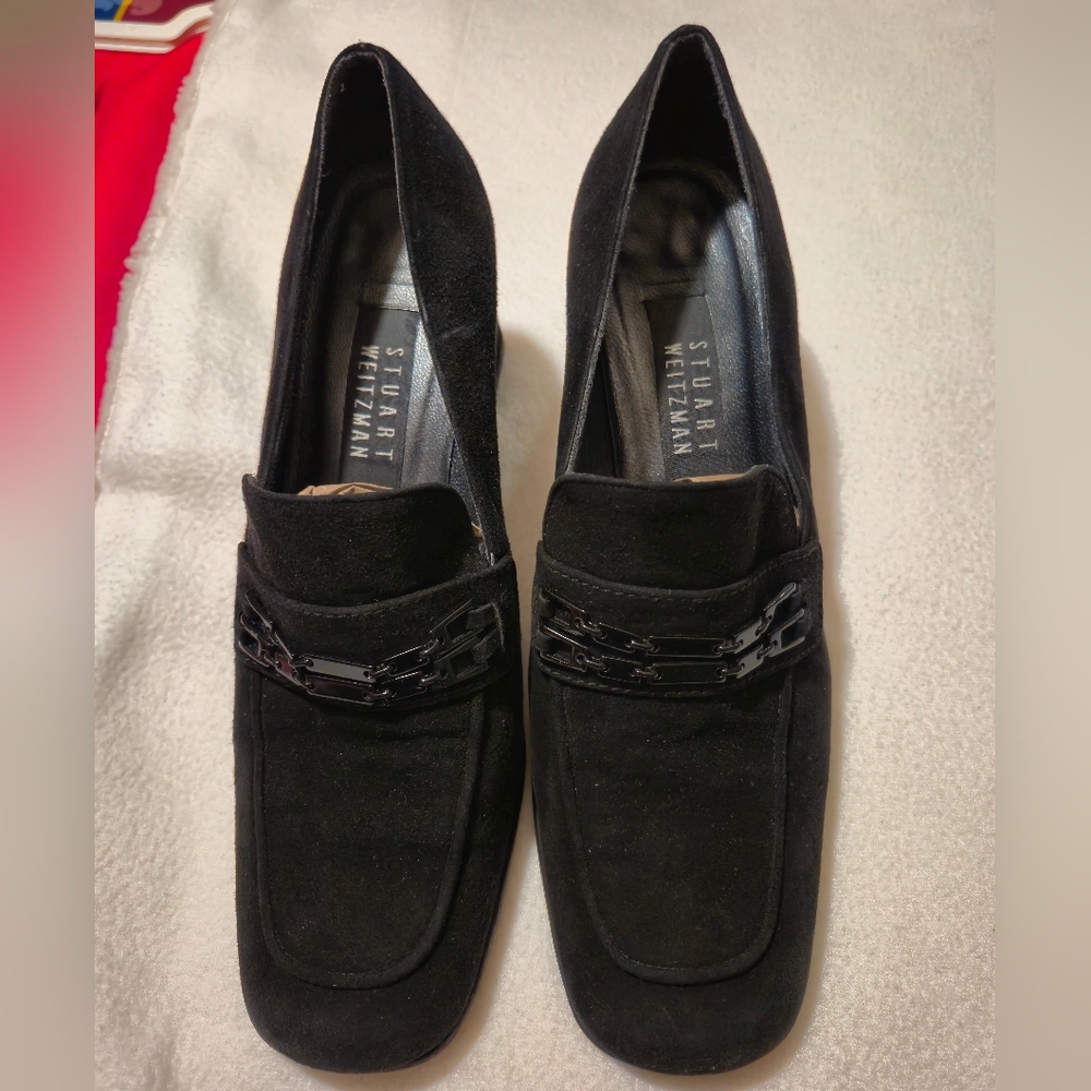 Stuart Weitzman Black Suede Moccasins‎ with Glossy Detail